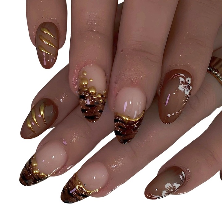 Unghii false, French & Floral & Glam, maro roscat, 24 bucati, reutilizabile, aspect natural