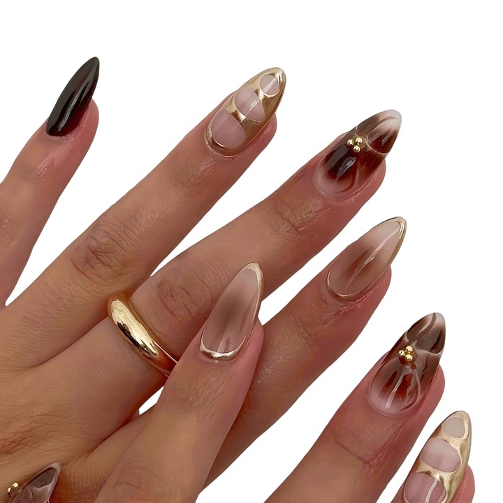 Unghii false, cu motive florale si degradé, 24 bucati, reutilizabile, aspect natural，Maro sidefat