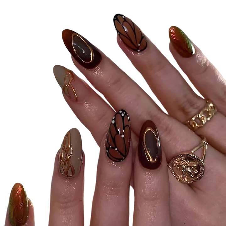 Unghii false, Glam, Auriu, 24 bucati, reutilizabile, aspect natural