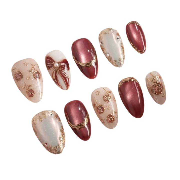 Set unghii false, design floral, roz corai, 30 bucati, aspect stralucitor