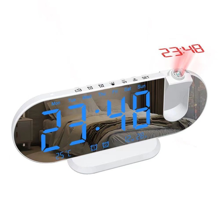 Ceas decorativ multifunctional, proiector, control temperatura si umiditate, alb cu litere albastre, NZ-45