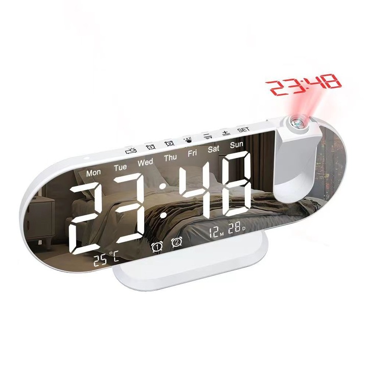 Ceas decorativ multifunctional, proiectie, control temperatura si umiditate, alb, NZ-44