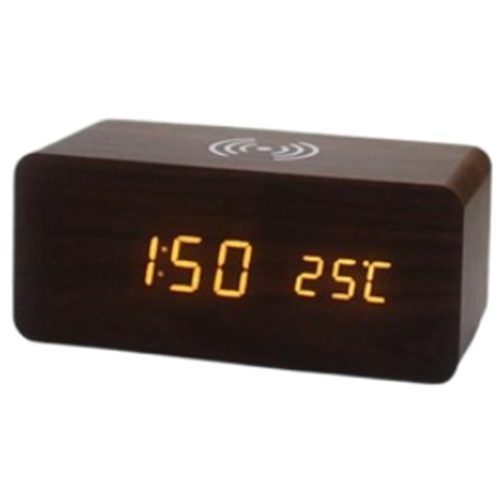 Ceas decorativ cu alarma, NZ-40, incarcare wireless, lumina LED multifunctionala, mod silentios, lemn brun cu litere albe