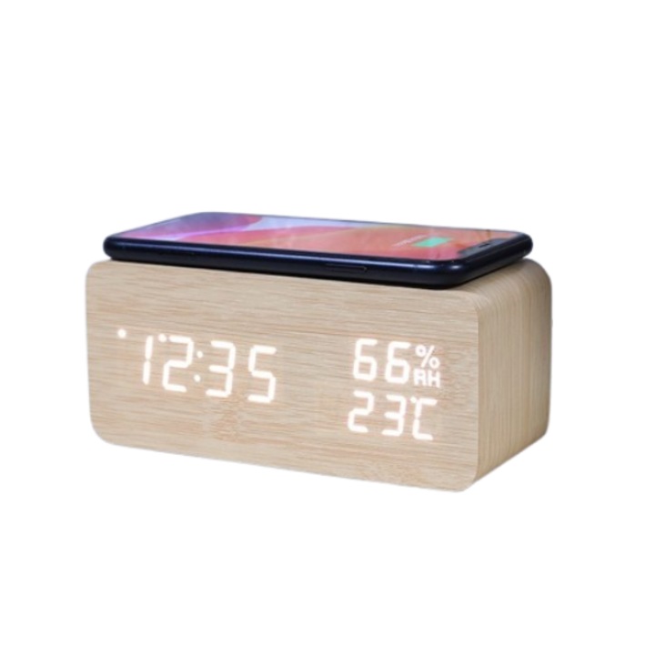Ceas decorativ cu alarma, NZ-37, incarcare wireless, lumina LED multifunctionala, modul silentios, bambus si lemn, alb.