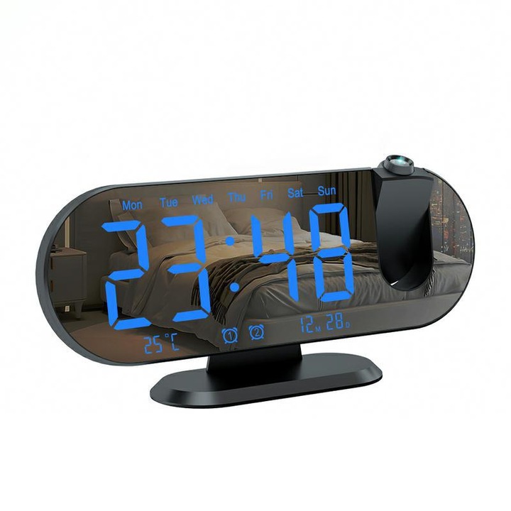 Ceas decorativ multifunctional cu proiectie, LED, control temperatura si umiditate, mod snooze, NZ-43, text albastru indraznet