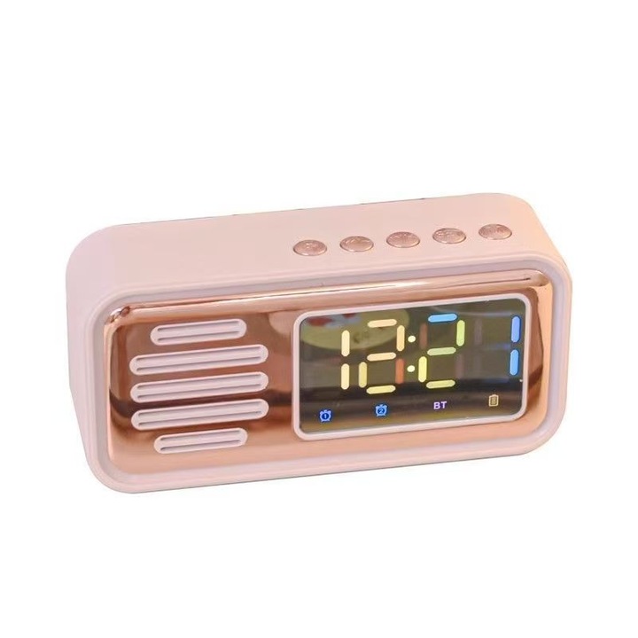 Dekoratív óra Bluetooth hangszóróval, tükör felülettel, színes fényekkel és digitális kijelzővel