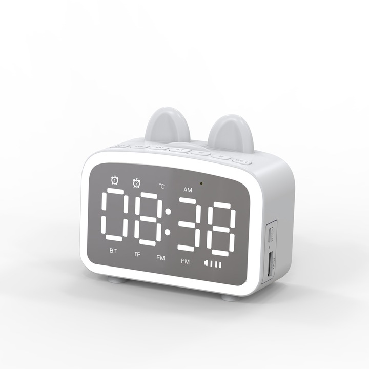Vezeték nélküli Bluetooth hangszórós ébresztőóra, tükörfelület, fehér, elektronikus
