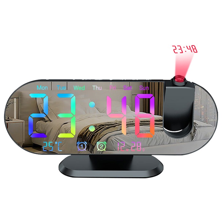 Ceas decorativ multifunctional cu proiectie, LED, control temperatura si umiditate, negru, NZ-52