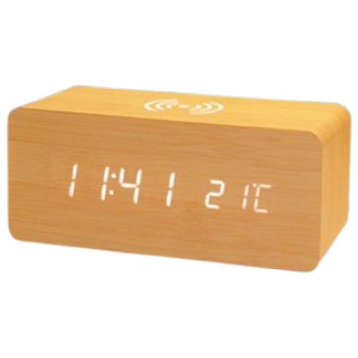 Ceas decorativ cu alarma, NZ-41, incarcare wireless, lumina LED multifunctionala, modul silentios, bambus, alb.