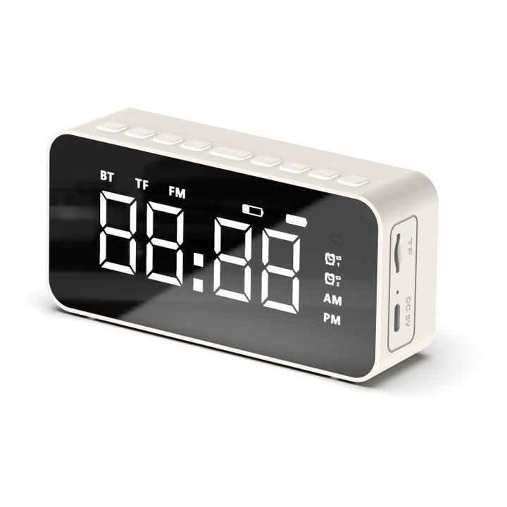 Dekoratív ébresztőóra Bluetooth hangszóróval, tükör felülettel, fehér
