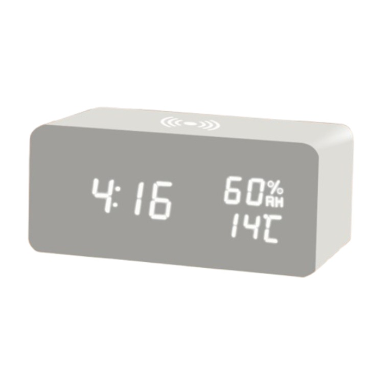 Ceas decorativ cu alarma, NZ-35, incarcare wireless, lumina LED multifunctionala, alb, din lemn alb.