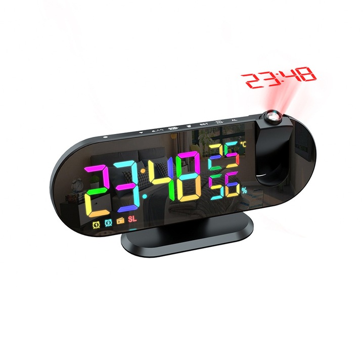 Radio multifunctional cu proiector, ceas LED, control temperatura si umiditate, negru