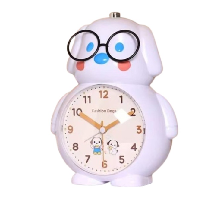 Dekoratív ébresztőóra hangvezérléssel, NZ-138 modell, fehér kutyás téma, éjszakai fény, szundi funkció
