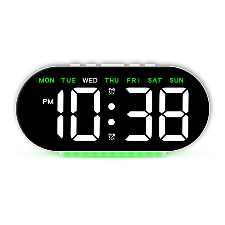 Ceas decorativ LED multifunctional, alb cu indicator verde, 4 niveluri de luminozitate, format 12/24 ore, NZ-102