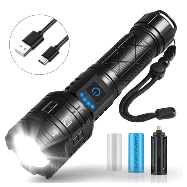 Фенер ESQZY, LED P70, батерия 5000 mAh, 10000lm, регулируем фокус, 5 режима на мощност, интензивно дългосрочно осветление, идеален за къмпинг, туризъм, оцеляване, проучване и извънредни ситуации, водоустойчив, черен