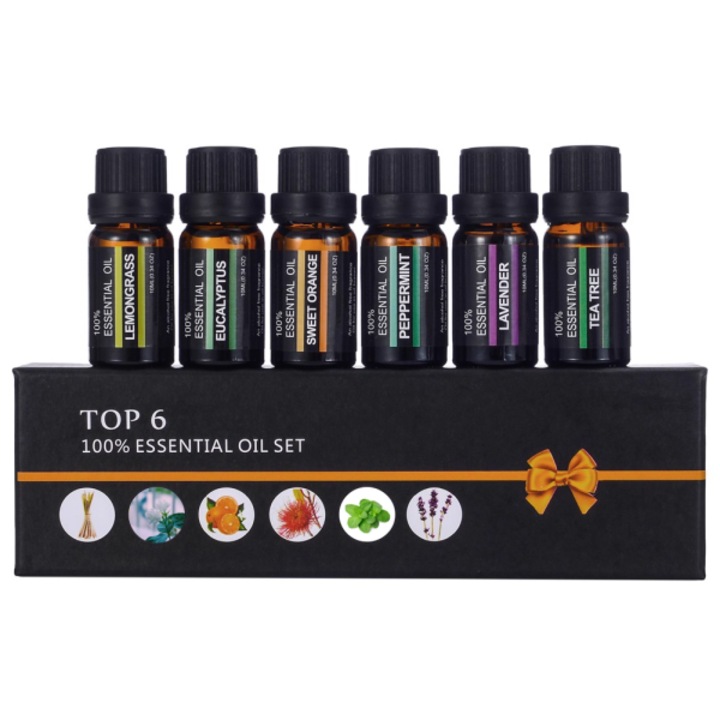 Set de 6 sticle uleiuri esentiale naturale, AjieQaQ, 100% puritate, lavanda, arbore de ceai, rozmarin, menta, iarba de lamaie, portocal dulce, 10 ml fiecare.