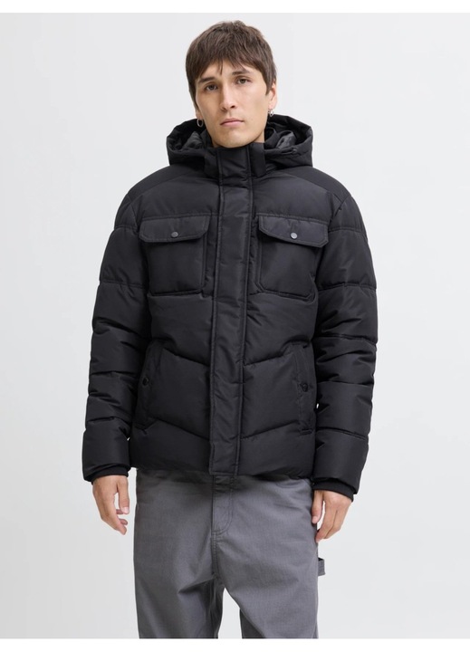 Jack & Jones Geaca barbati, MORGAN PUFFER, cu gluga detasabila, Negru