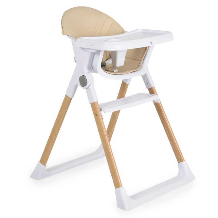 Scaun de masa pentru copii Cangaroo Almond Beige, husa din piele ecologica usor de curatat, structura metalica stabila, picioare antiderapante, pliere compacta, centura de siguranta si protectie antialunecare, suport picioare