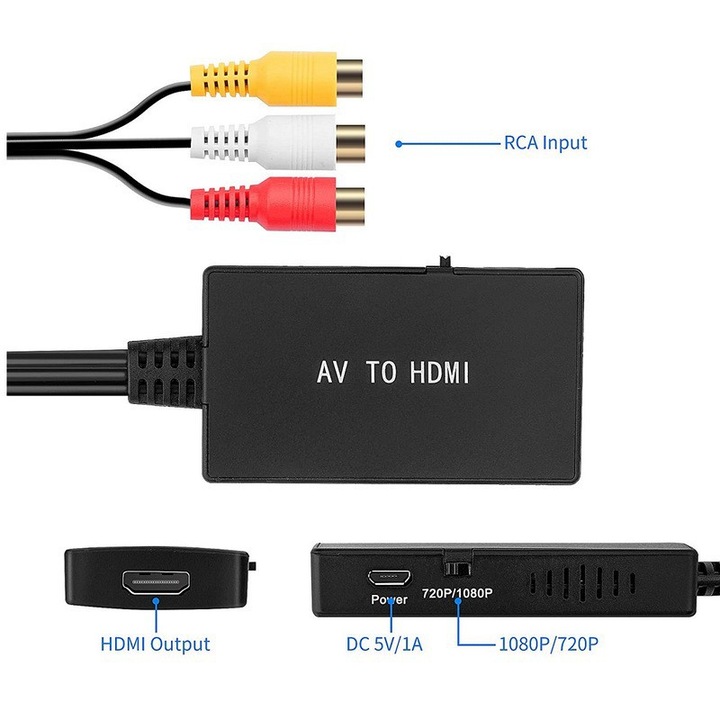 Convertor AV la HDMI, cablu adaptor video de inalta definitie, 1080P, 720P, negru
