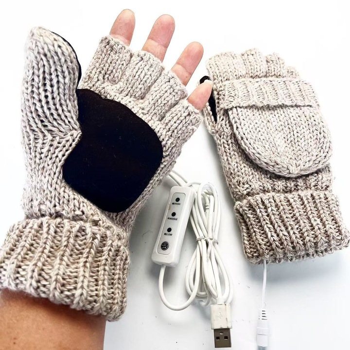 Manusi incalzite USB, tricot, cu palma antiderapanta, varfuri rabatabile pentru touchscreen, groase pentru iarna, bej, marime unica