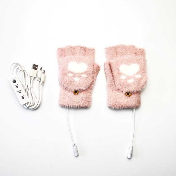 Manusi cu incalzire, USB, control temperatura pe 3 niveluri, alb/roz