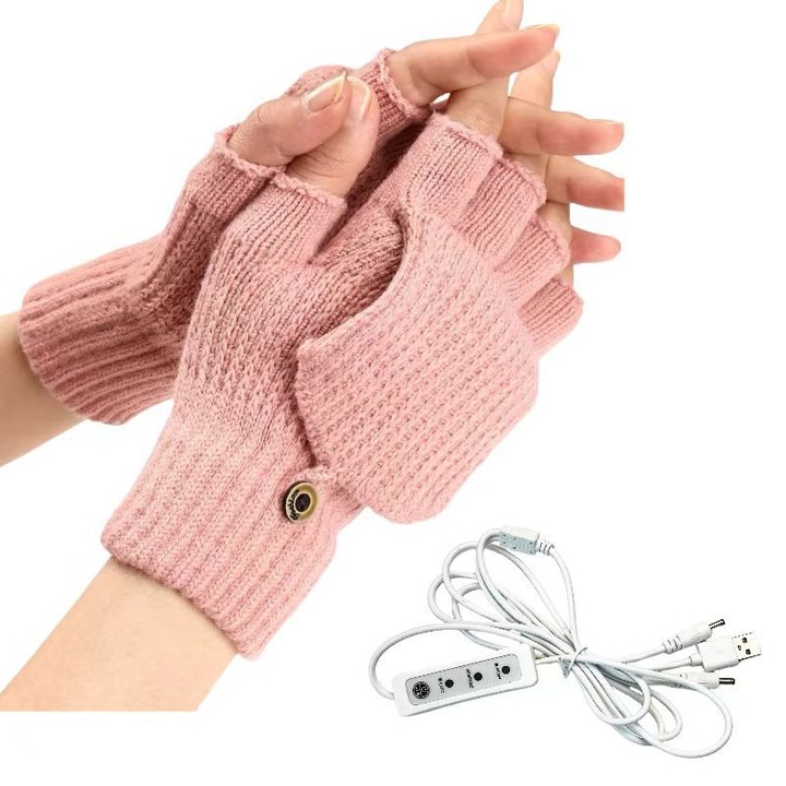 Manusi incalzite USB, design tricotat cu dungi, model cu degete jumatate, unisex, pentru toamna-iarna