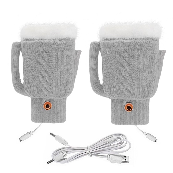 Manusi incalzite USB, design tricotat cu degete jumatate, incalzire pe ambele parti