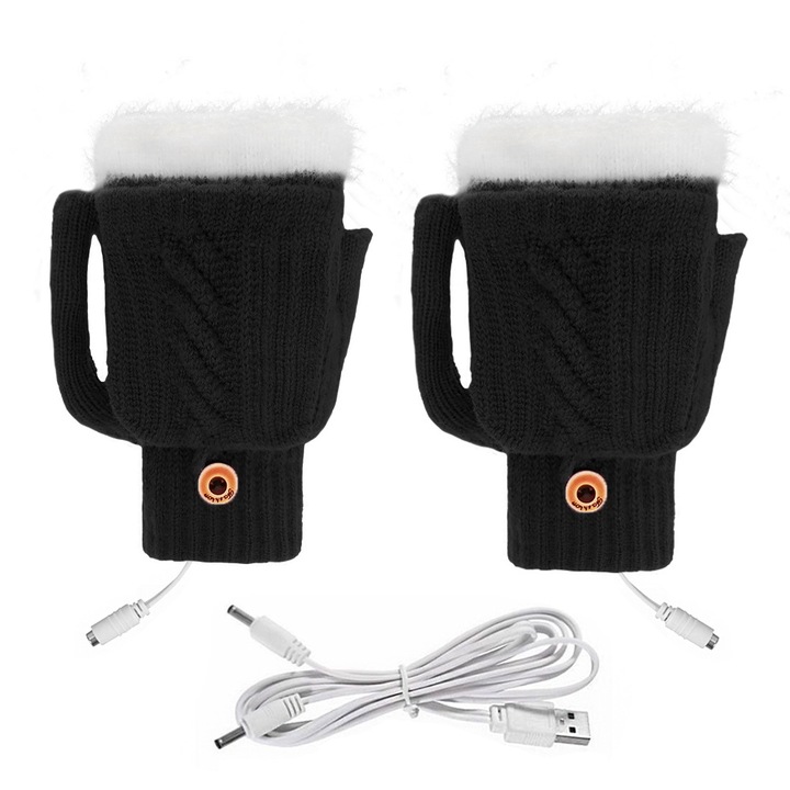 Manusi incalzite usb din tricot, incalzire dubla fata-spate, jumatate degete, compatibile touchscreen, Negru