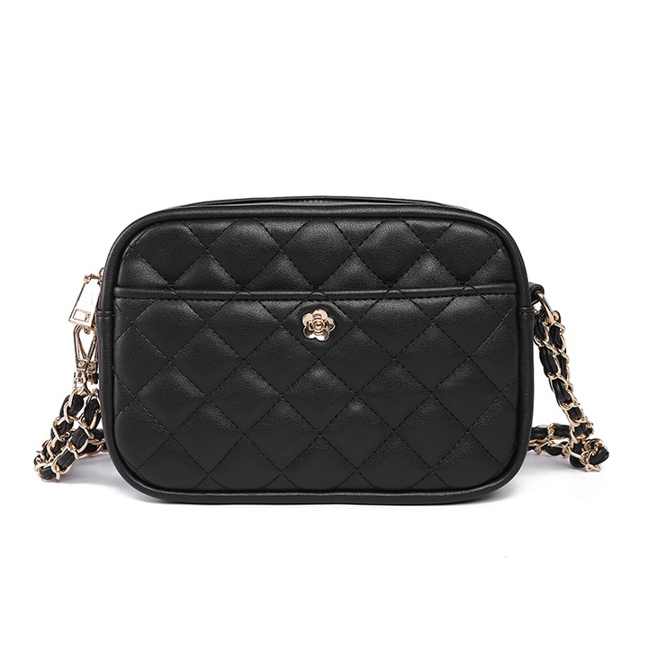 Női válltáska, fekete, valódi bőr, belső rekeszekkel, elegáns design