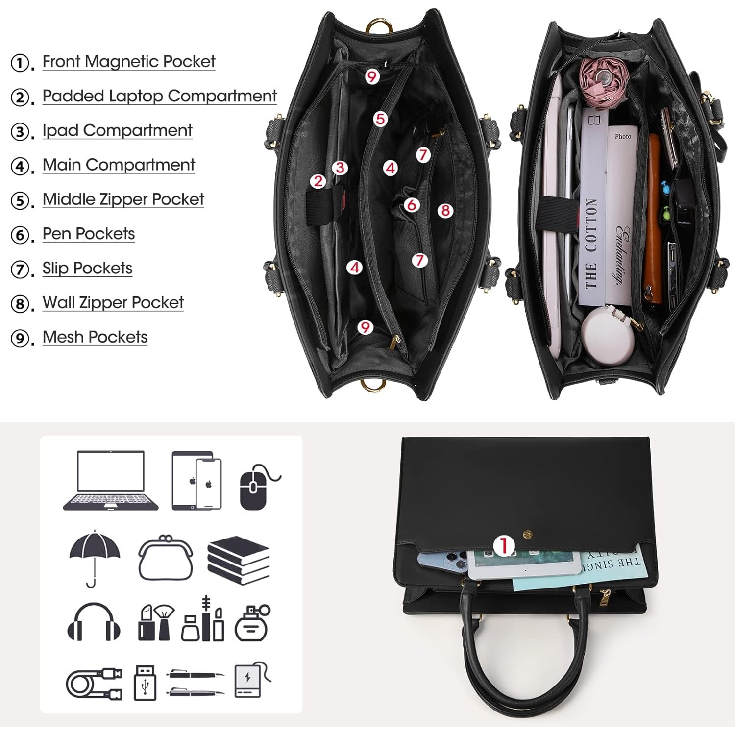 Geanta laptop femei, 15.6 inch, compartimente multiple, curea umar ajustabil, piele PU ecologica, neagra.