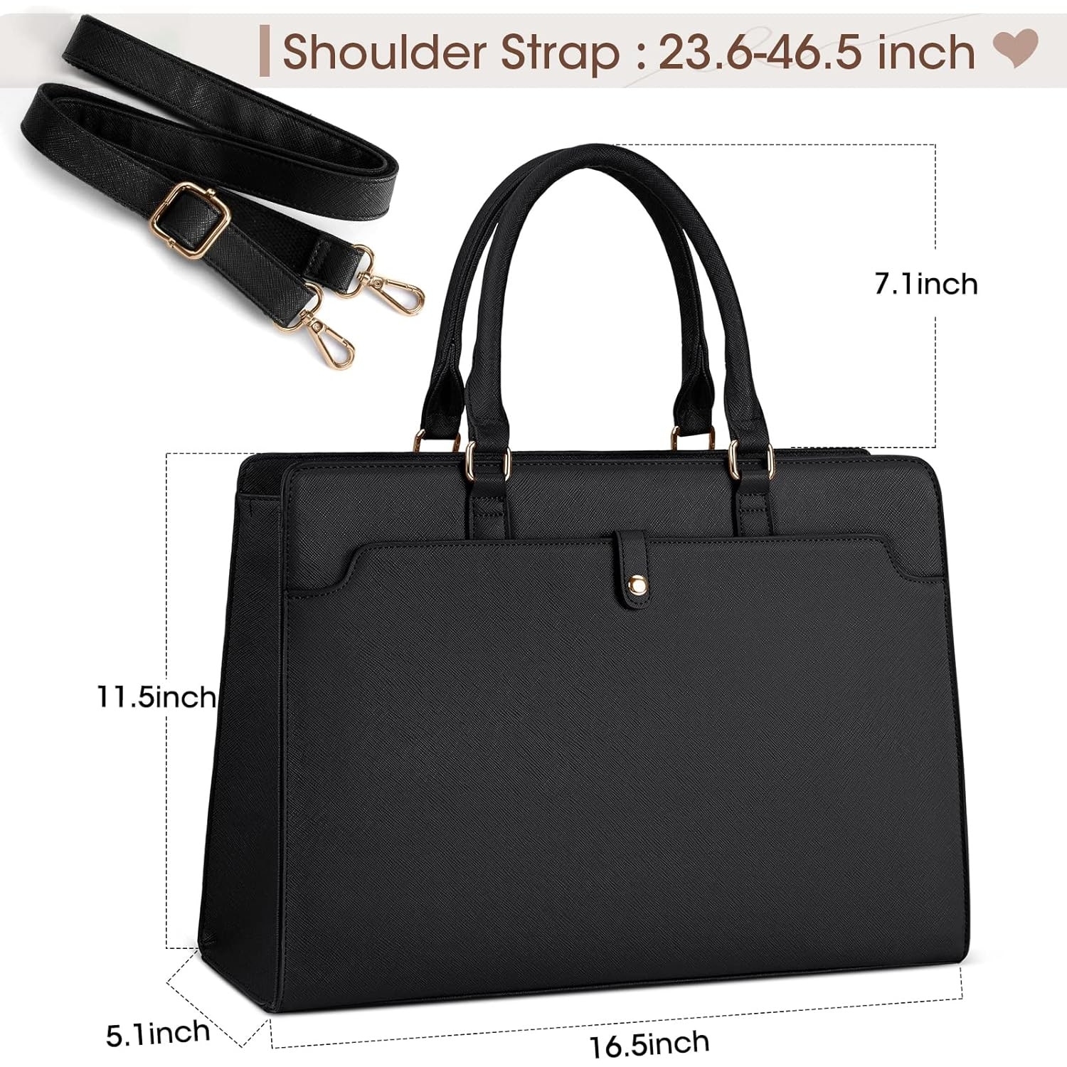 Geanta laptop femei, 15.6 inch, compartimente multiple, curea umar ajustabil, piele PU ecologica, neagra.