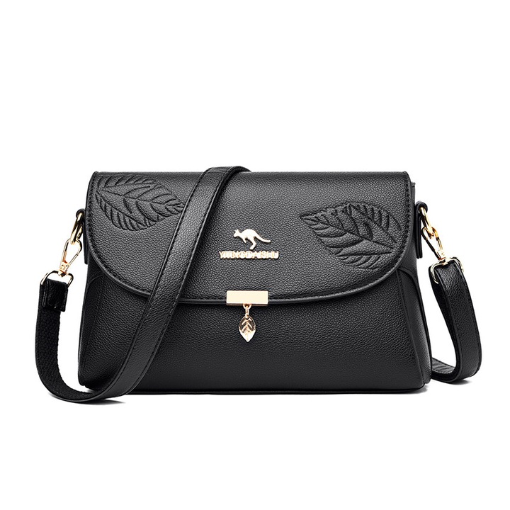 Dombornyomott, puha bőr női táska, sokoldalú fekete keresztpántos táska, anyatáska, ingázótáska