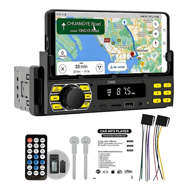 Sistem audio auto AjieQaQ®, format DIN compact, compatibil Bluetooth, tuner FM integrat, cu functii de apelare hands-free/comanda vocala/comanda prin aplicatie, compatibil cu carduri SD/audio AUX/porturi USB/telecomanda/incarcare rapida Type-C