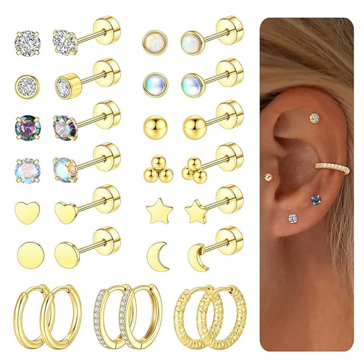 Комплект обеци, хипоалергенни, от медицинска стомана, 15 штук, плоски, универсални, сребрист цвят