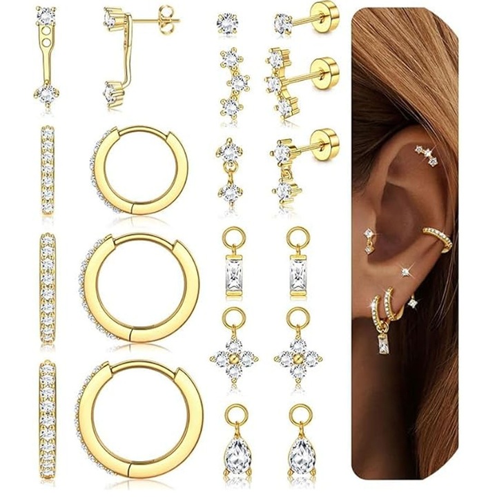 10 darabos szett, női, hipoallergén, lapos fülbevaló, porcos fülbevaló szett, alkalmas fülkagyló, tragus, porc stb. piercingjére