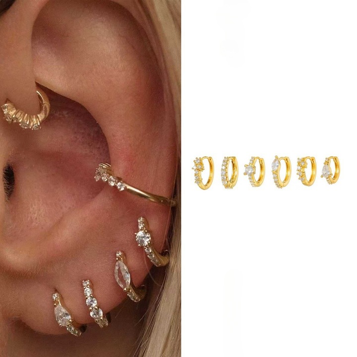 18 karátos arany, valódi arany, fülbevalók, hat darabos szett, egysoros gyémántokkal kirakott karika fülbevalók