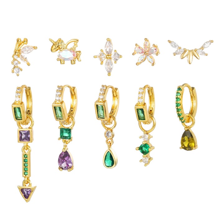 Cercei din zirconiu colorat, auriu