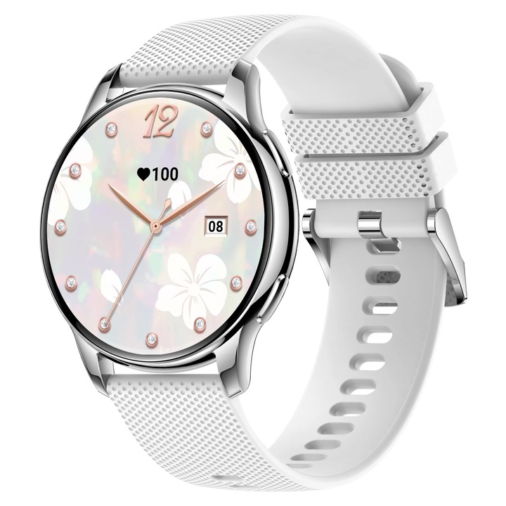 Activa Luna női okosóra bluetooth, ezüst színű, szürke szilikon óraszíjjal