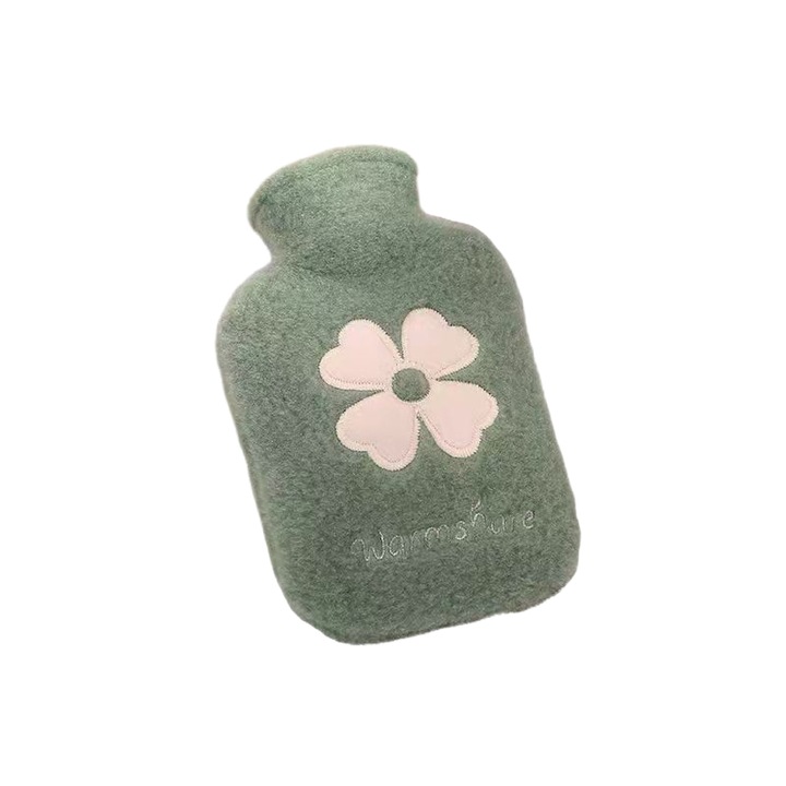 Бутилка за топла вода с калъф от изкуствена кожа, зелена, 500 мл