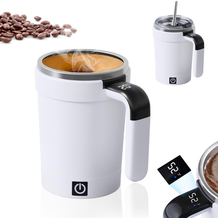 Cana automata cu mixer, 380 ml Cana magnetica automata cu afisaj LCD pentru temperatura, cana USB pentru cafea cu agitare automata din otel inoxidabil, cu baza detasabila si pai