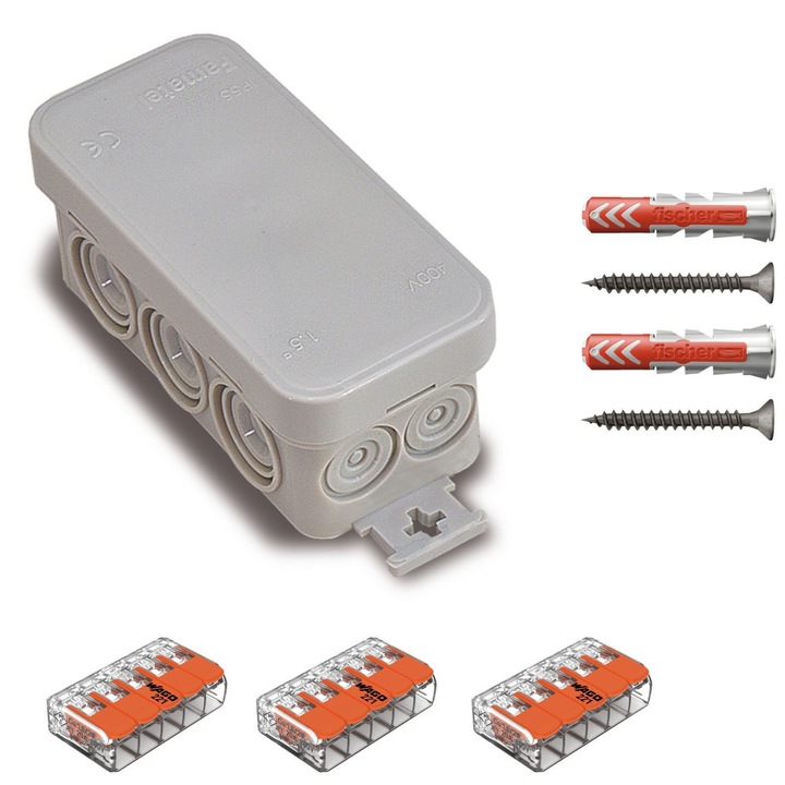 Doza de derivatie aparenta Famatel 3050, IP55, 10 intrari, gri, 90x43x39mm, cu cleme Wago si dibluri Fischer DuoPower