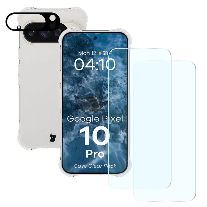 Set Husa + 2 Sticla de protectie + Sticla camera foto, Bizon Case Clear Pack pentru Google Pixel 10 Pro, Transparent