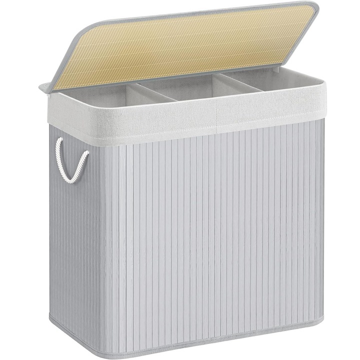 Кош за пране от бамбук, сгъваем, с подвижна перяща се подплата, 3 отделения, 150L, 60x40x62см, сив