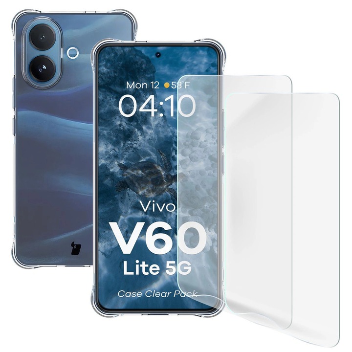 Комплект Калъф + 2 Защитно фолио, Bizon Case Clear Pack за Vivo V60 Lite 5G, Прозрачен