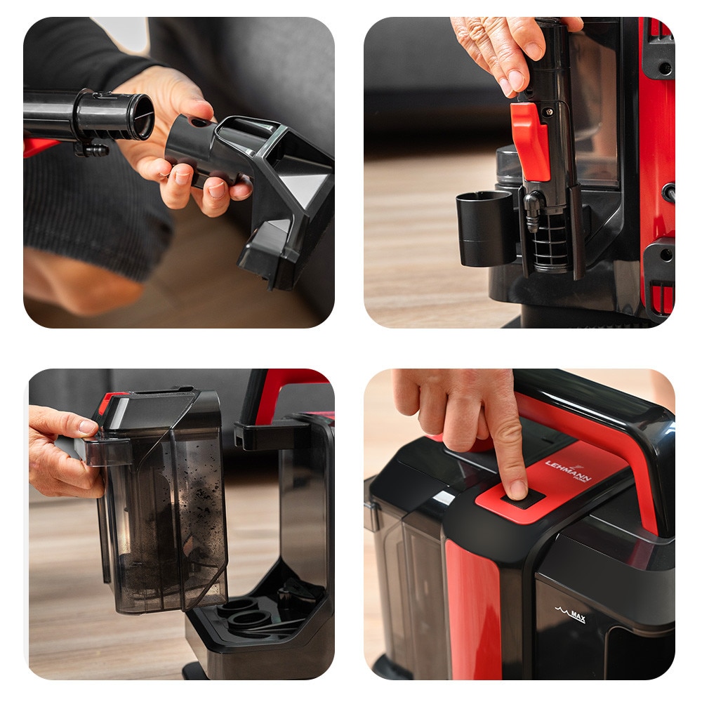 Aspirator cu spalare Lehmann Easywash, profesional, Injectie-Extractie, umed/uscat, putere de aspiratie 12kPa, IPX4, rezervor pentru apa curata 1.08L, rezervor pentru apa murdara 0.8L, 31.5x24x35.5 cm, 4.5kg, negru/rosu