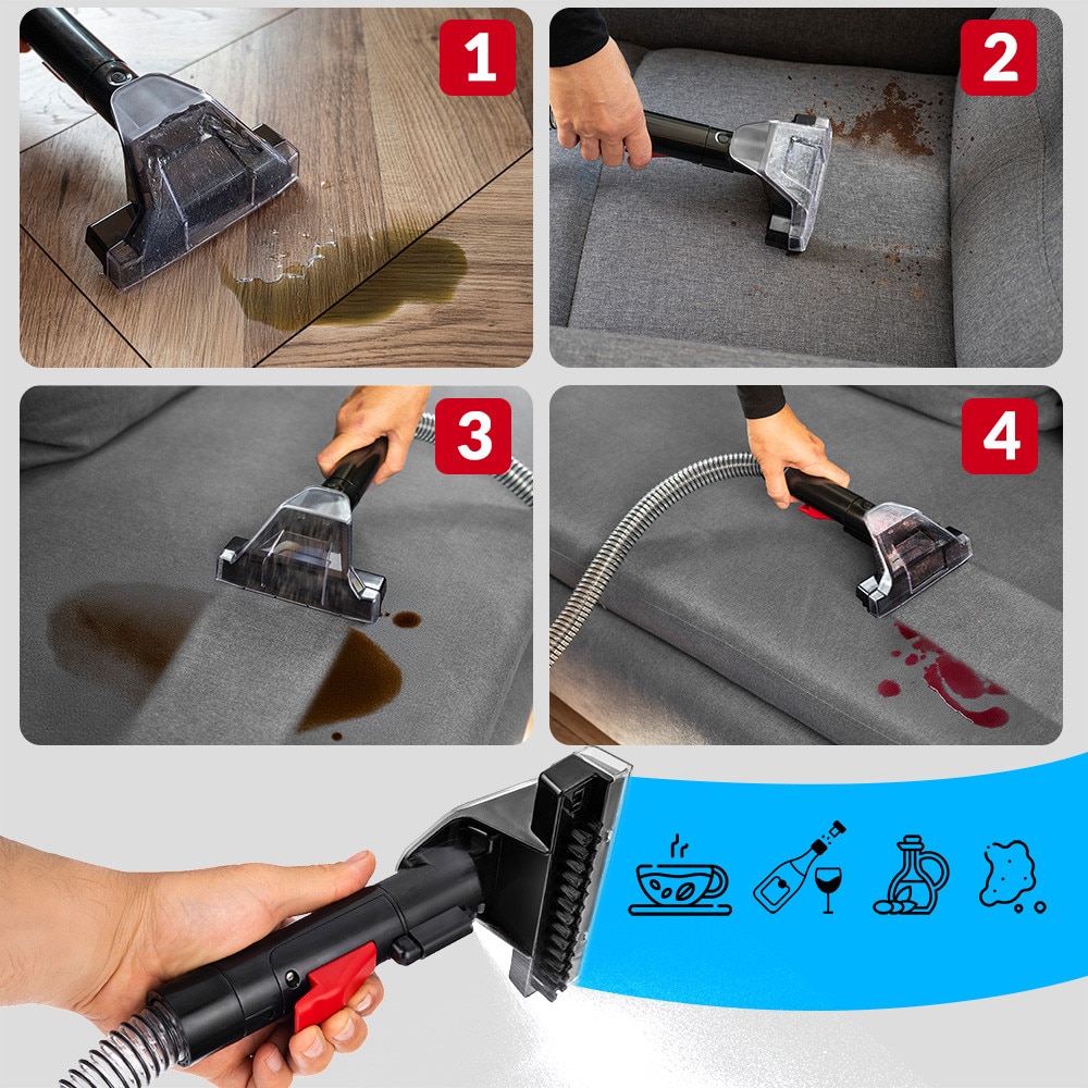 Aspirator cu spalare Lehmann Easywash, profesional, Injectie-Extractie, umed/uscat, putere de aspiratie 12kPa, IPX4, rezervor pentru apa curata 1.08L, rezervor pentru apa murdara 0.8L, 31.5x24x35.5 cm, 4.5kg, negru/rosu
