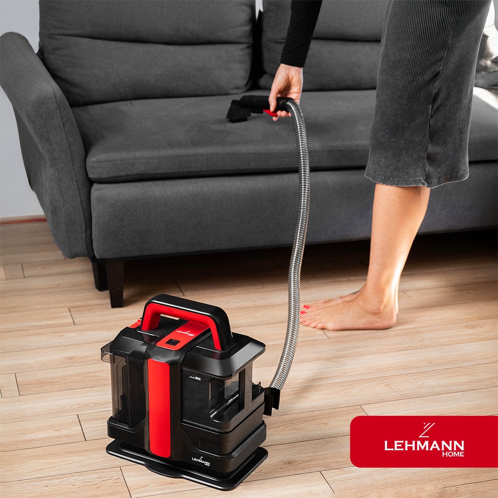Aspirator cu spalare Lehmann Easywash, profesional, Injectie-Extractie, umed/uscat, putere de aspiratie 12kPa, IPX4, rezervor pentru apa curata 1.08L, rezervor pentru apa murdara 0.8L, 31.5x24x35.5 cm, 4.5kg, negru/rosu