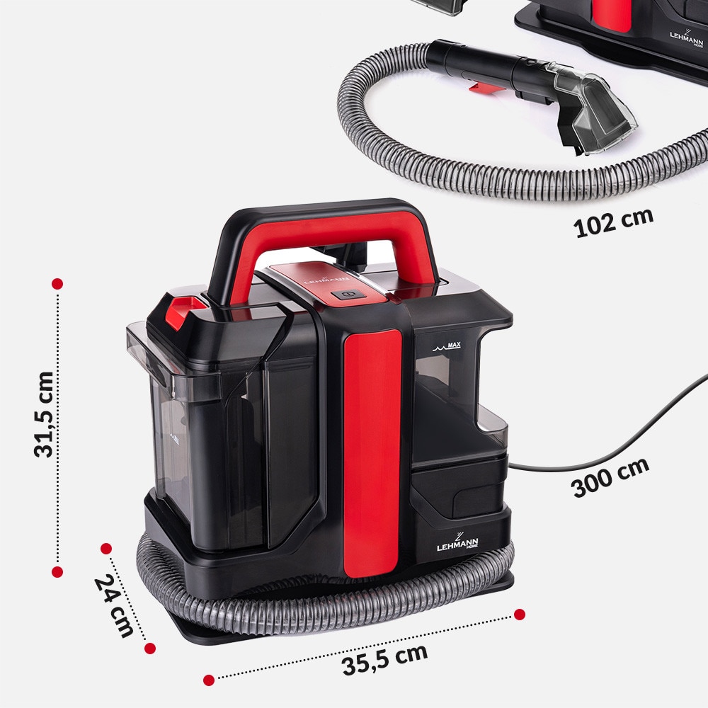 Aspirator cu spalare Lehmann Easywash, profesional, Injectie-Extractie, umed/uscat, putere de aspiratie 12kPa, IPX4, rezervor pentru apa curata 1.08L, rezervor pentru apa murdara 0.8L, 31.5x24x35.5 cm, 4.5kg, negru/rosu