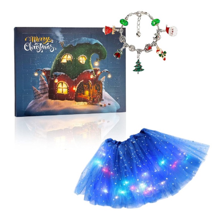 Adventi csomag, karkötő készítő készlet és LED-es szoknya, gyakorlati készségek fejlesztése és a fantázia stimulálása, szórakoztató tevékenység - ADVENTPRINCESS kék JOJOY®