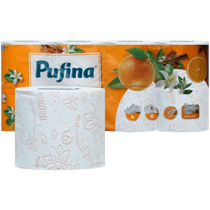 Hartie igienica 4 straturi Pufina, parfum de portocale, set 8 role, 140 foi, 9.4x12cm
